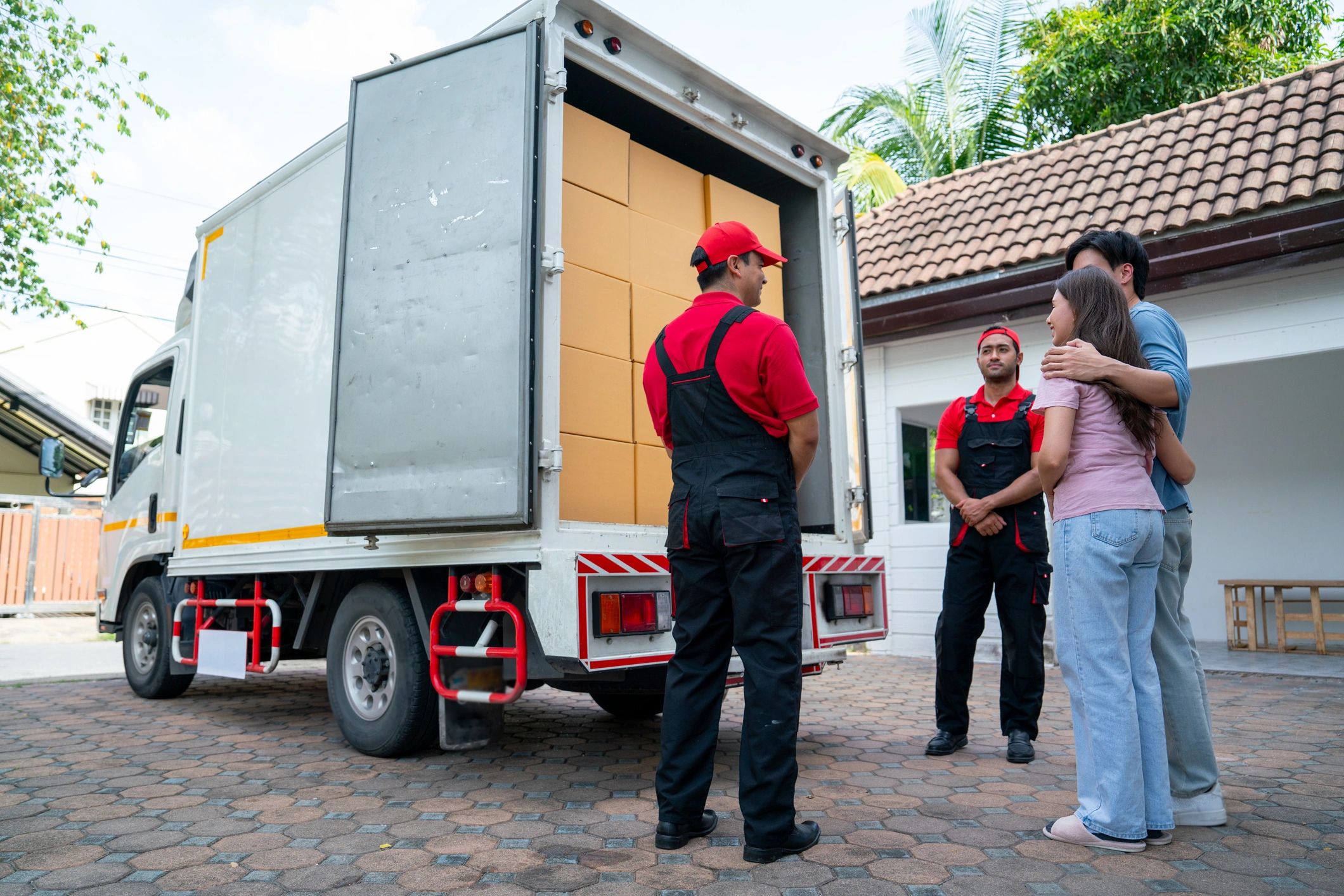 Junk removal team with truck assisting customers at a home